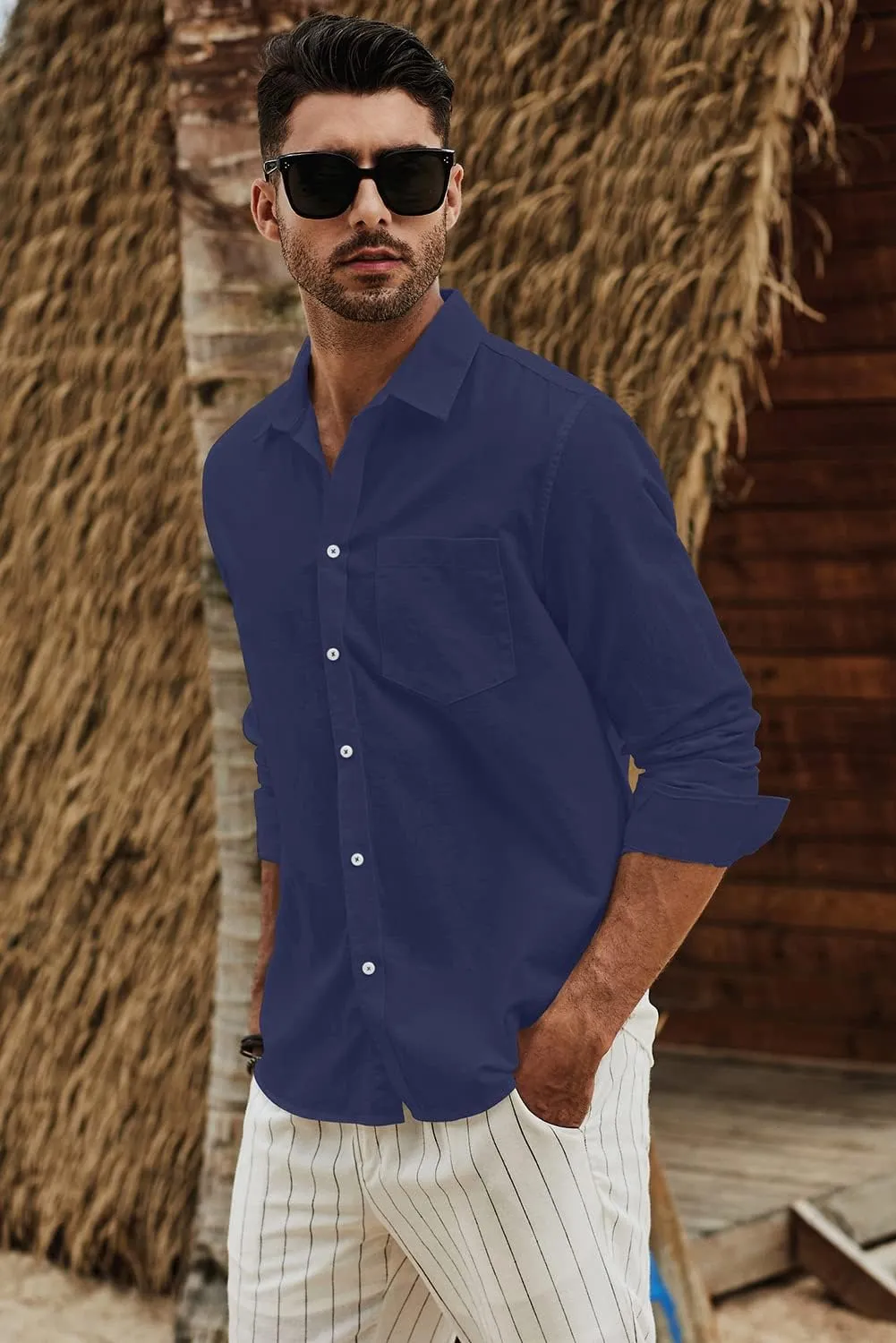 JMIERR Mens Cotton Linen Casual Stylish Button Down Shirt Long Sleeve Dress Shirts
