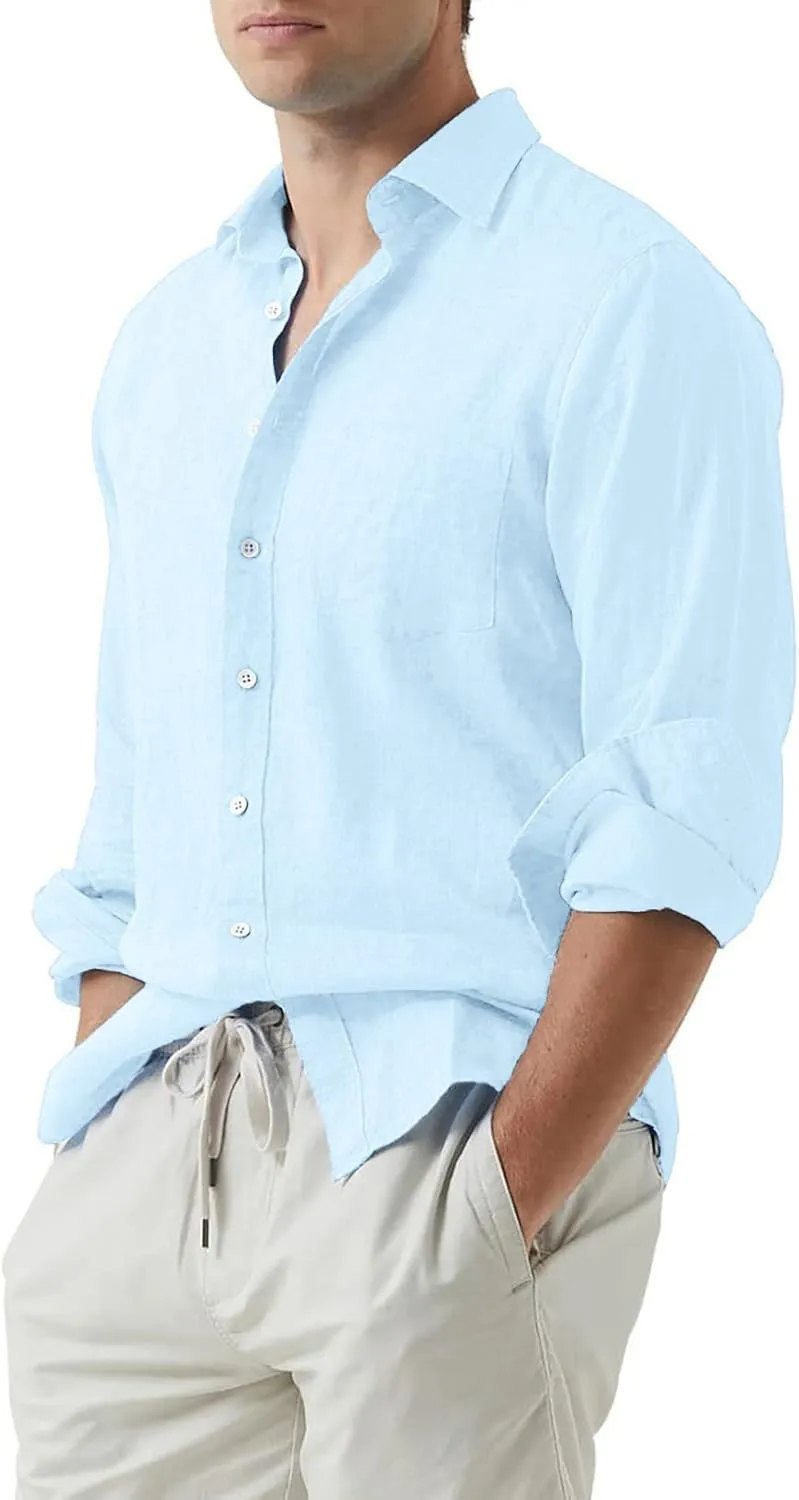 JMIERR Mens Cotton Linen Casual Stylish Button Down Shirt Long Sleeve Dress Shirts
