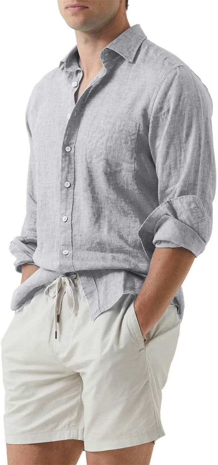 JMIERR Mens Cotton Linen Casual Stylish Button Down Shirt Long Sleeve Dress Shirts