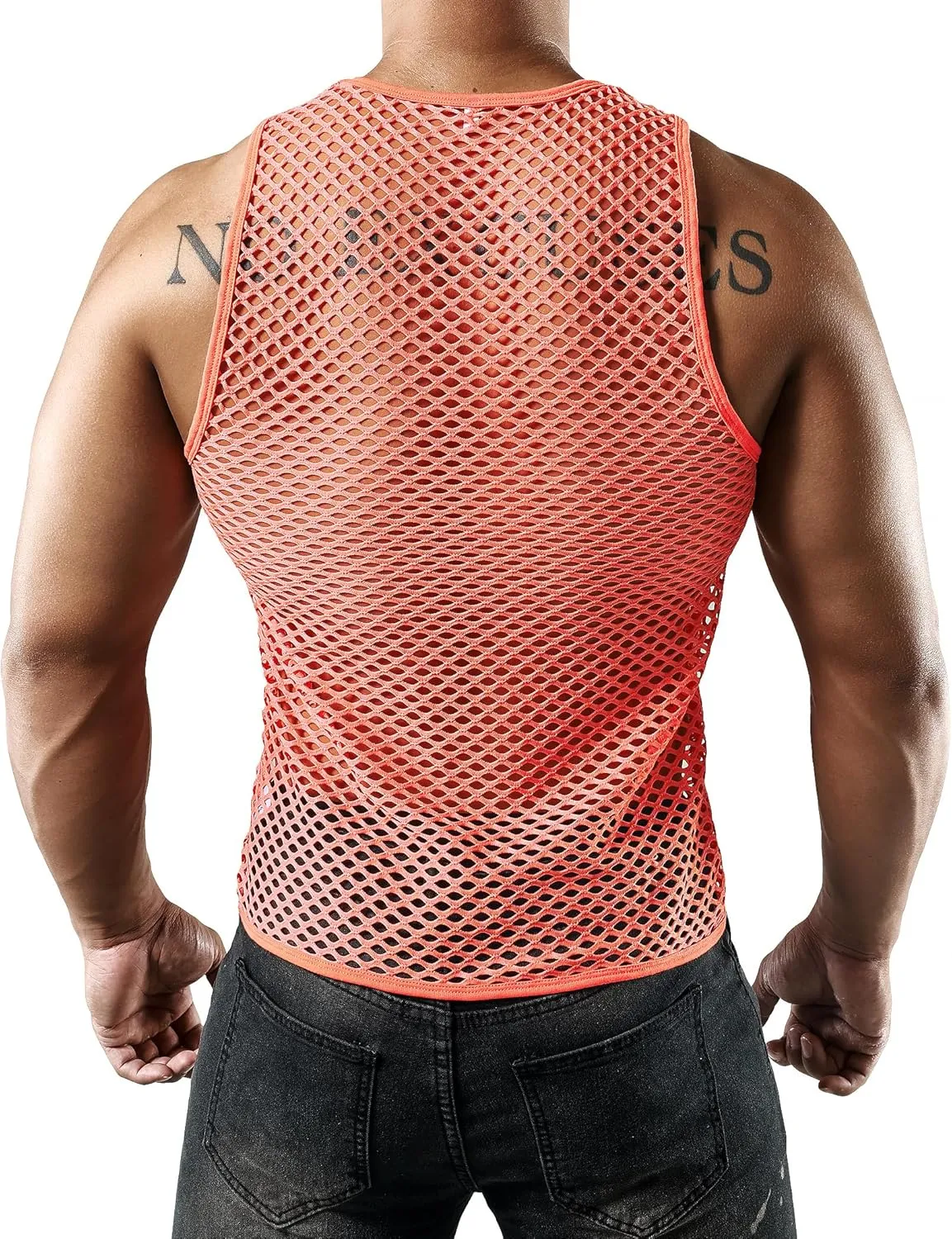 JOGAL Men's Mesh Fishnet Fitted Sleeveless Muscle Top