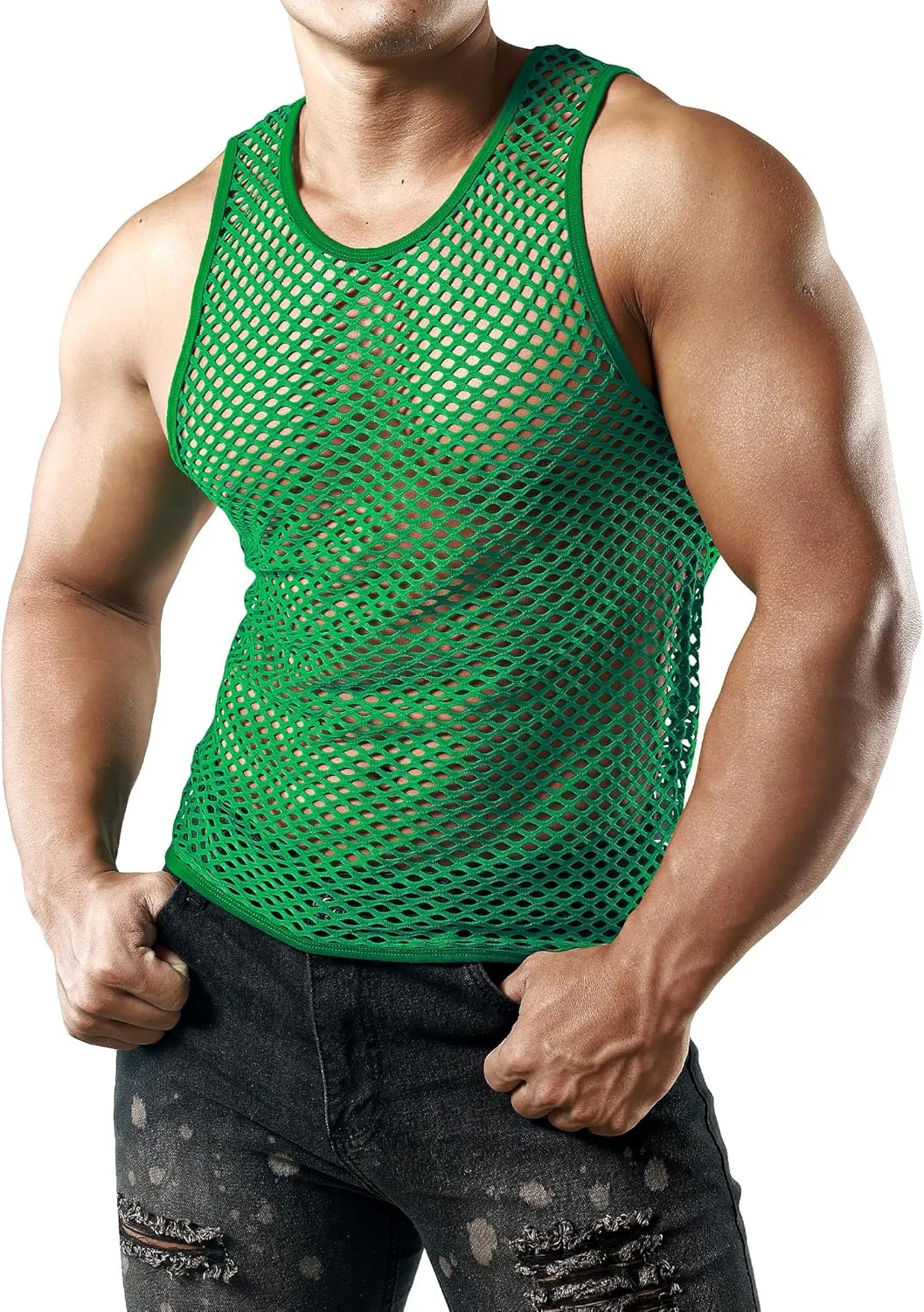 JOGAL Men's Mesh Fishnet Fitted Sleeveless Muscle Top