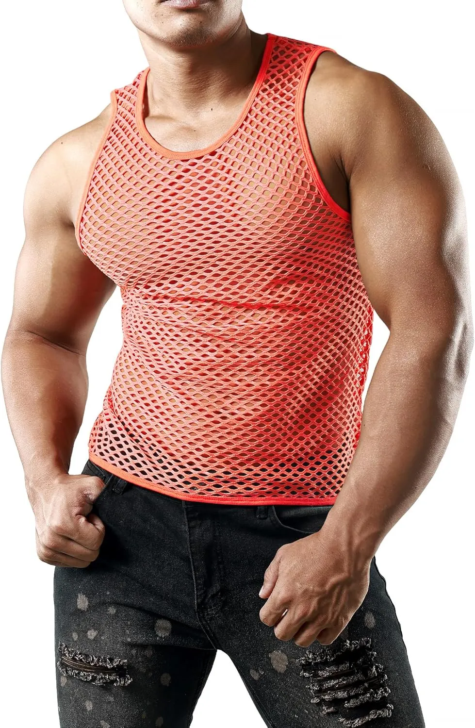 JOGAL Men's Mesh Fishnet Fitted Sleeveless Muscle Top