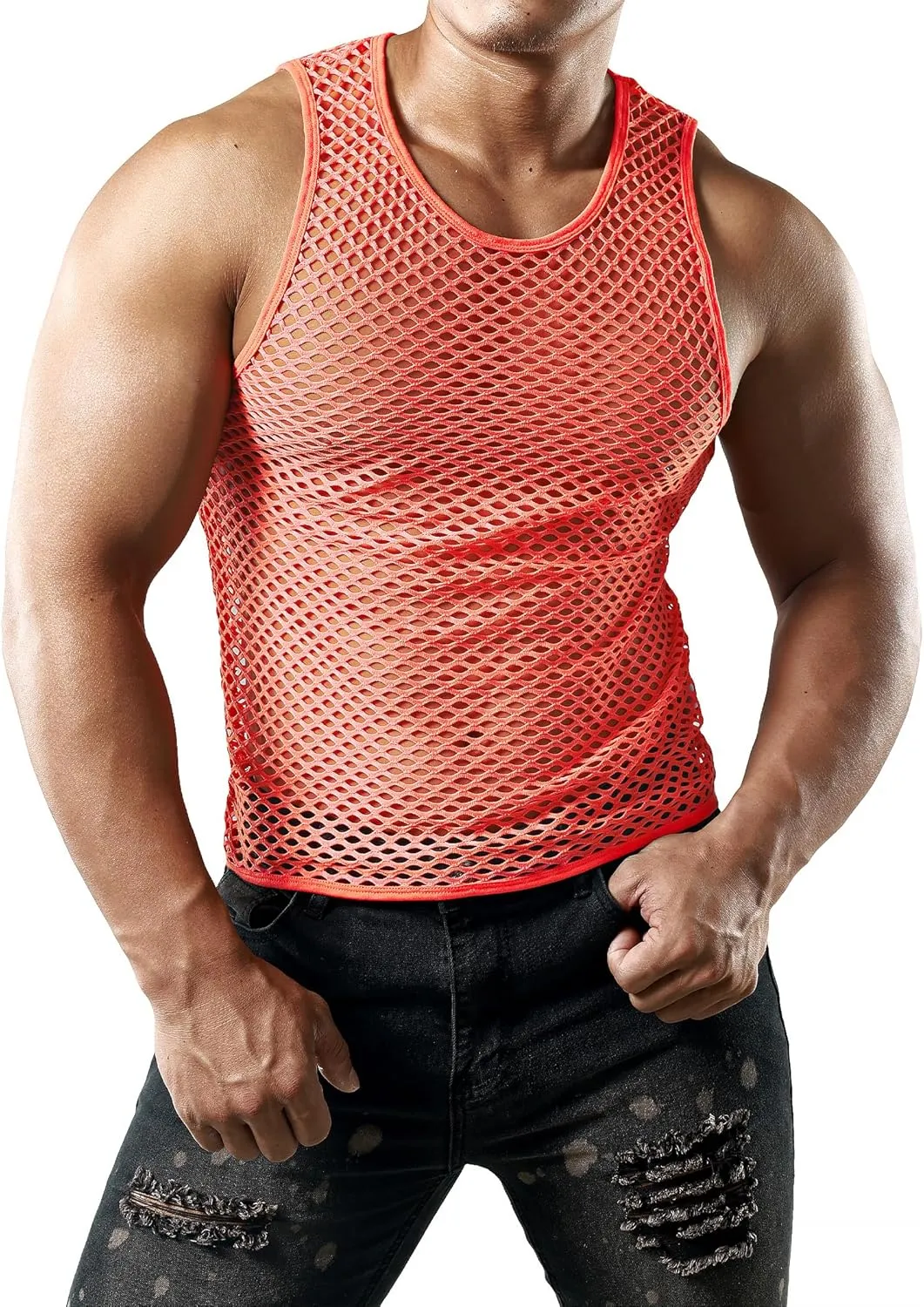 JOGAL Men's Mesh Fishnet Fitted Sleeveless Muscle Top