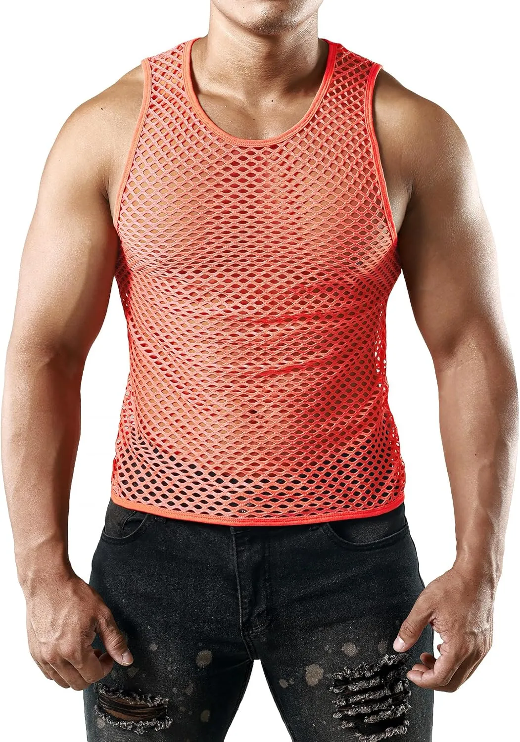 JOGAL Men's Mesh Fishnet Fitted Sleeveless Muscle Top