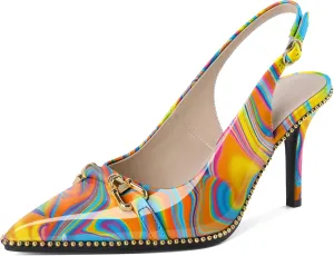 Joseywade Slingback Heels Women's Pointed Toe Stilettos High Heel Pumps Buckle Gold Beaded Shoes