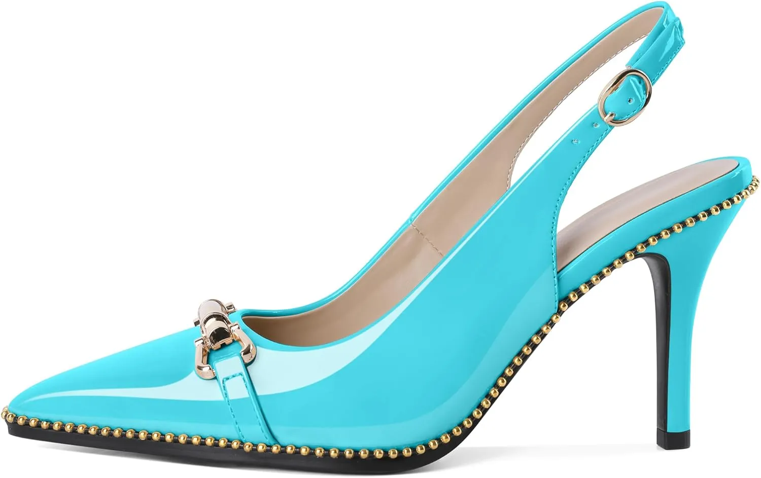 Joseywade Slingback Heels Women's Pointed Toe Stilettos High Heel Pumps Buckle Gold Beaded Shoes