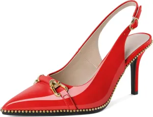 Joseywade Slingback Heels Women's Pointed Toe Stilettos High Heel Pumps Buckle Gold Beaded Shoes