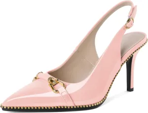 Joseywade Slingback Heels Women's Pointed Toe Stilettos High Heel Pumps Buckle Gold Beaded Shoes