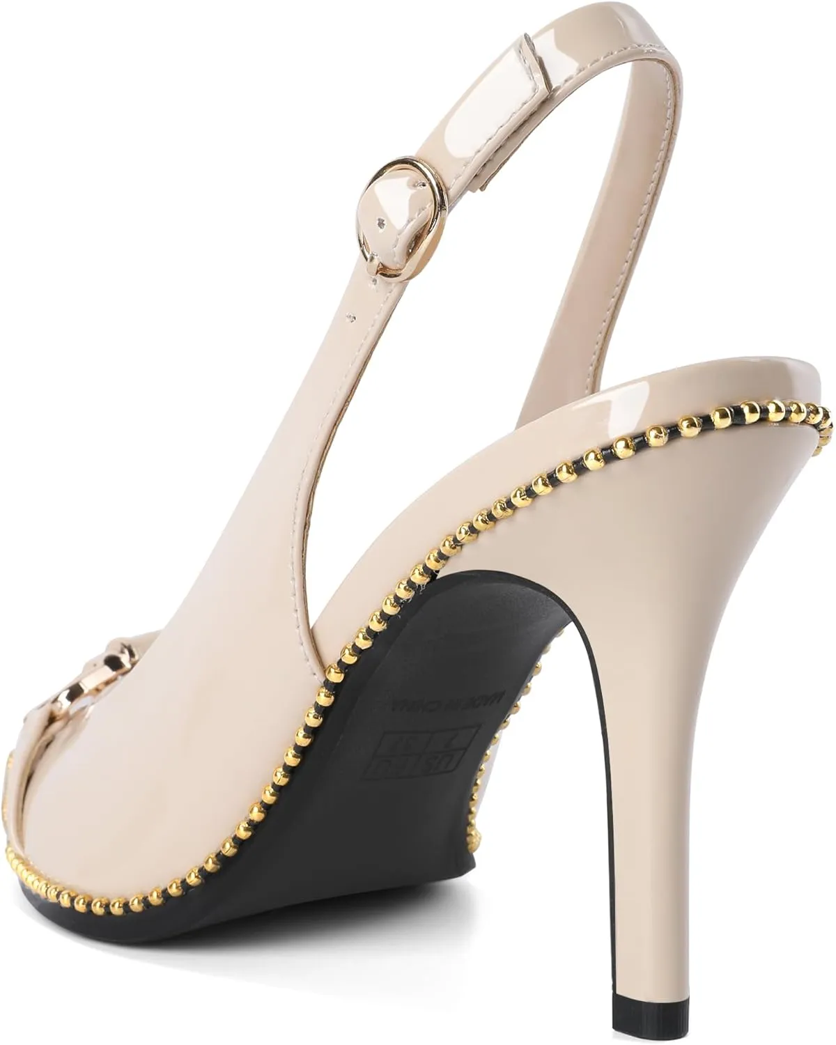 Joseywade Slingback Heels Women's Pointed Toe Stilettos High Heel Pumps Buckle Gold Beaded Shoes