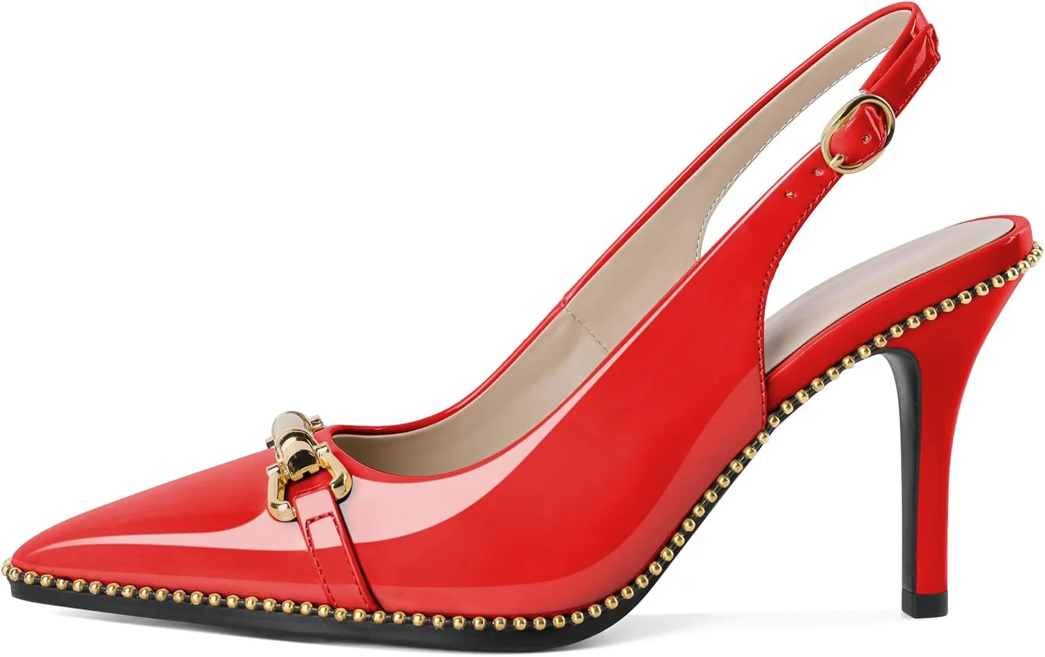 Joseywade Slingback Heels Women's Pointed Toe Stilettos High Heel Pumps Buckle Gold Beaded Shoes