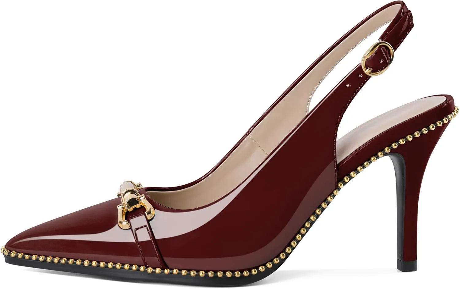 Joseywade Slingback Heels Women's Pointed Toe Stilettos High Heel Pumps Buckle Gold Beaded Shoes