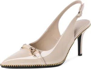 Joseywade Slingback Heels Women's Pointed Toe Stilettos High Heel Pumps Buckle Gold Beaded Shoes