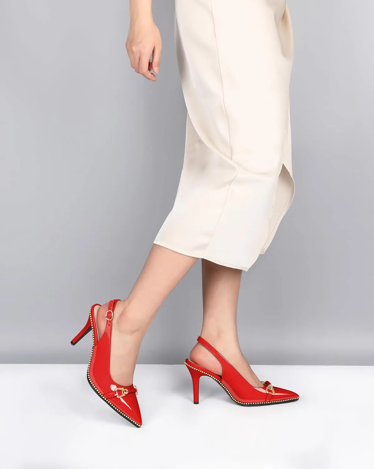 Joseywade Slingback Heels Women's Pointed Toe Stilettos High Heel Pumps Buckle Gold Beaded Shoes