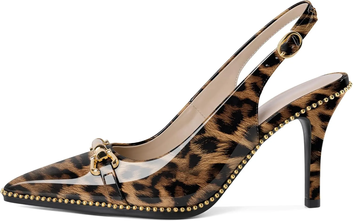 Joseywade Slingback Heels Women's Pointed Toe Stilettos High Heel Pumps Buckle Gold Beaded Shoes