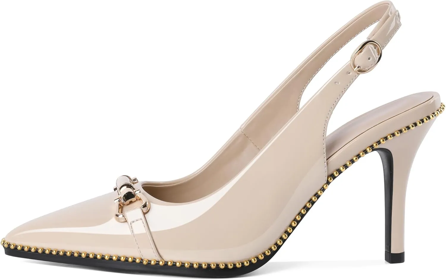 Joseywade Slingback Heels Women's Pointed Toe Stilettos High Heel Pumps Buckle Gold Beaded Shoes