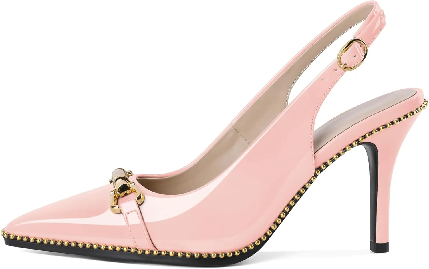 Joseywade Slingback Heels Women's Pointed Toe Stilettos High Heel Pumps Buckle Gold Beaded Shoes