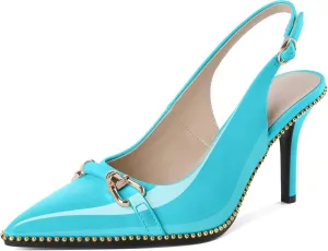 Joseywade Slingback Heels Women's Pointed Toe Stilettos High Heel Pumps Buckle Gold Beaded Shoes