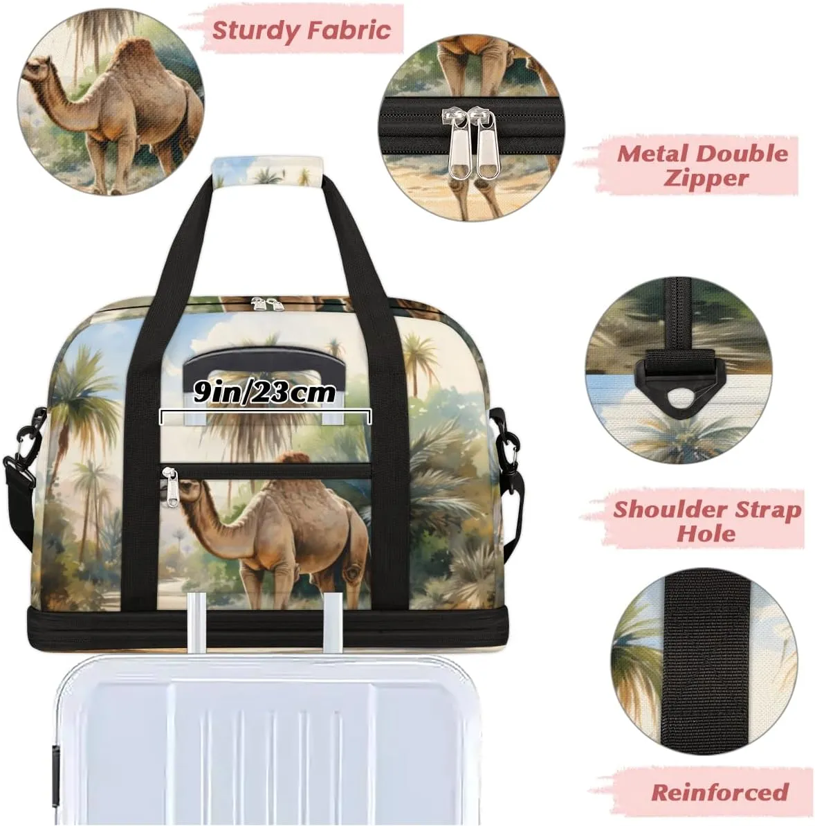 Jungle Camls Foldable Travel Duffel Bag Overnight Weekender Bag with Shoes Compartment Sports Gym Bag for Men Women