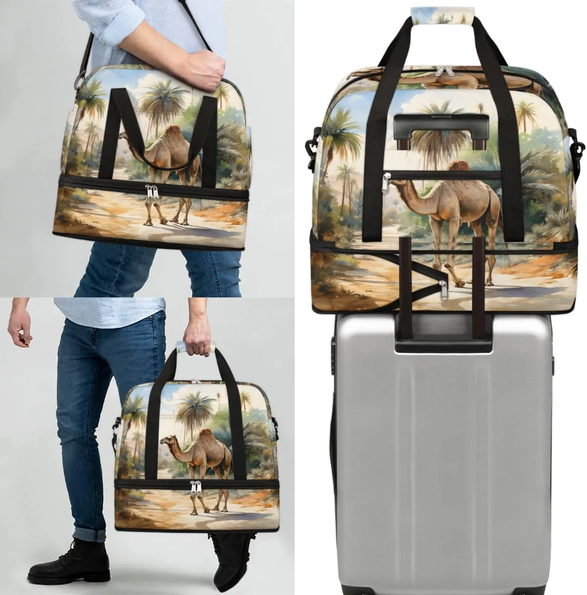 Jungle Camls Foldable Travel Duffel Bag Overnight Weekender Bag with Shoes Compartment Sports Gym Bag for Men Women