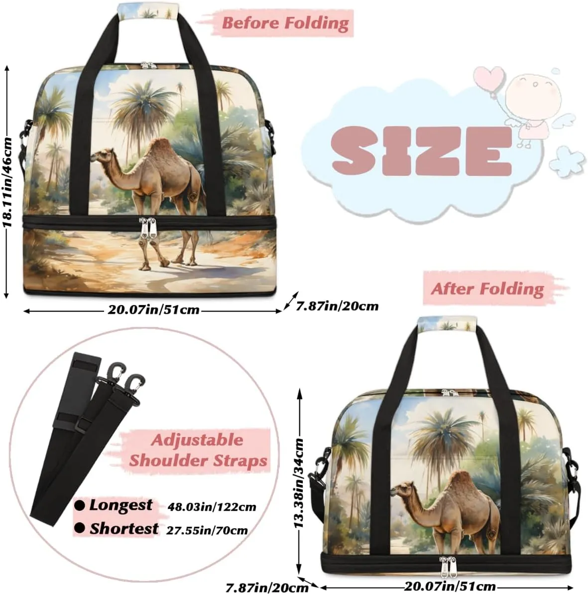 Jungle Camls Foldable Travel Duffel Bag Overnight Weekender Bag with Shoes Compartment Sports Gym Bag for Men Women