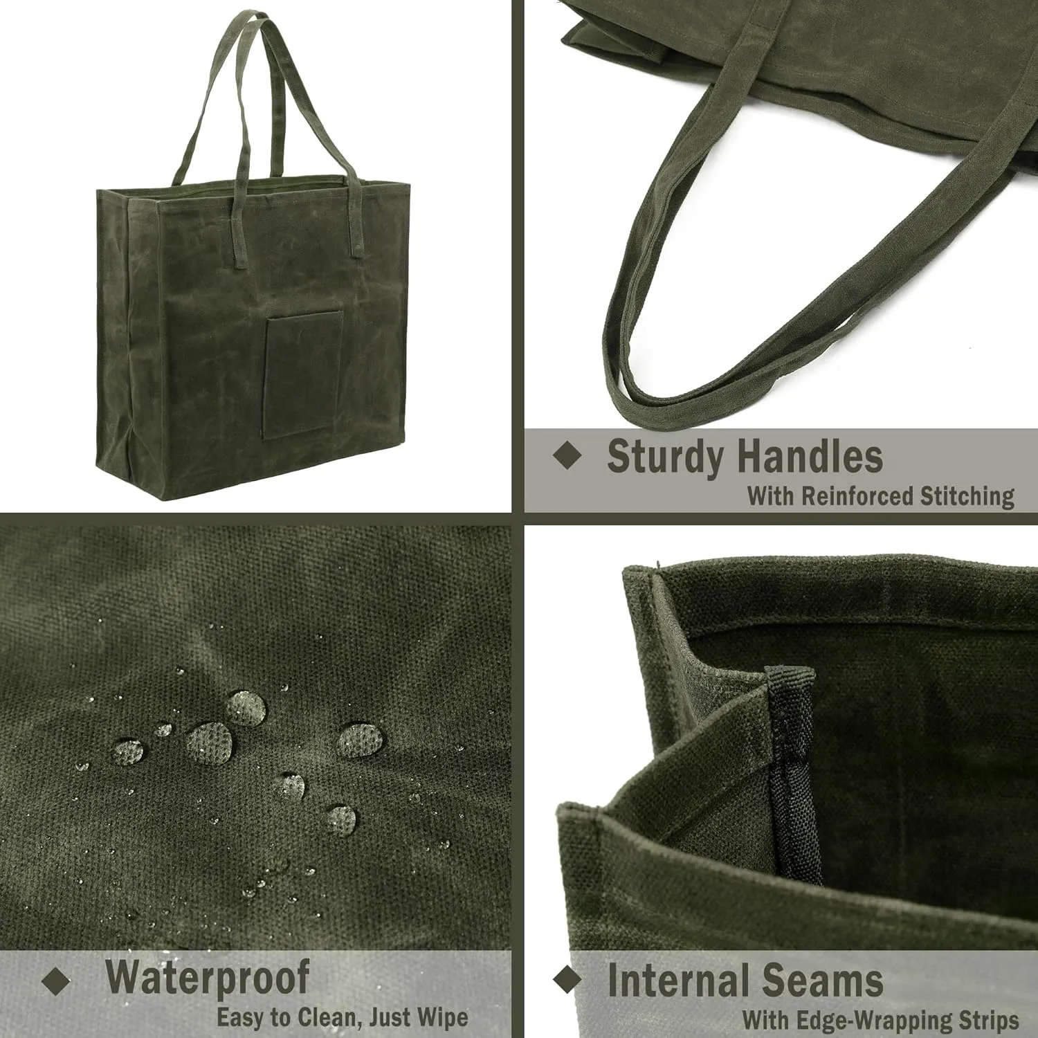 Kaaltisy Waxed Canvas Reusable Grocery Bag Heavy Duty Waterproof Shopping Bag Well Self-standing Sturdy Farmers Market Bag, Wide, Hard Handfeel