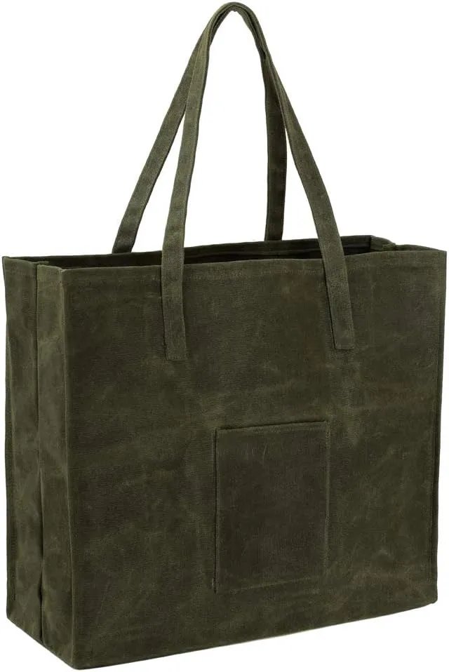 Kaaltisy Waxed Canvas Reusable Grocery Bag Heavy Duty Waterproof Shopping Bag Well Self-standing Sturdy Farmers Market Bag, Wide, Hard Handfeel