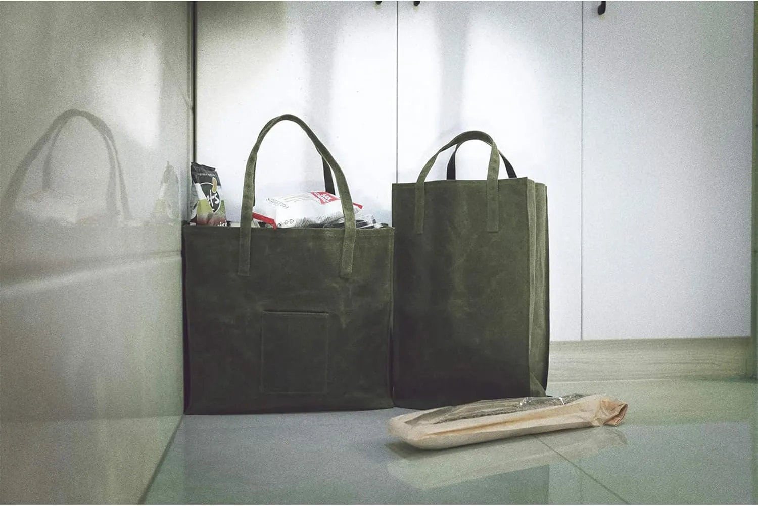 Kaaltisy Waxed Canvas Reusable Grocery Bag Heavy Duty Waterproof Shopping Bag Well Self-standing Sturdy Farmers Market Bag, Wide, Hard Handfeel