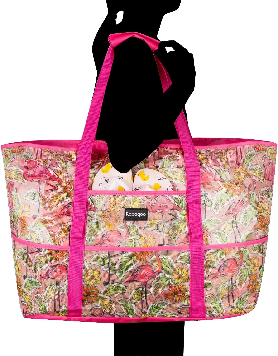 KABAQOO Mesh Beach Bag, Extra Large Beach Bags with 9 Pockets & Zipper Waterproof Lightweight Beach Tote for Beach/Pool Trip