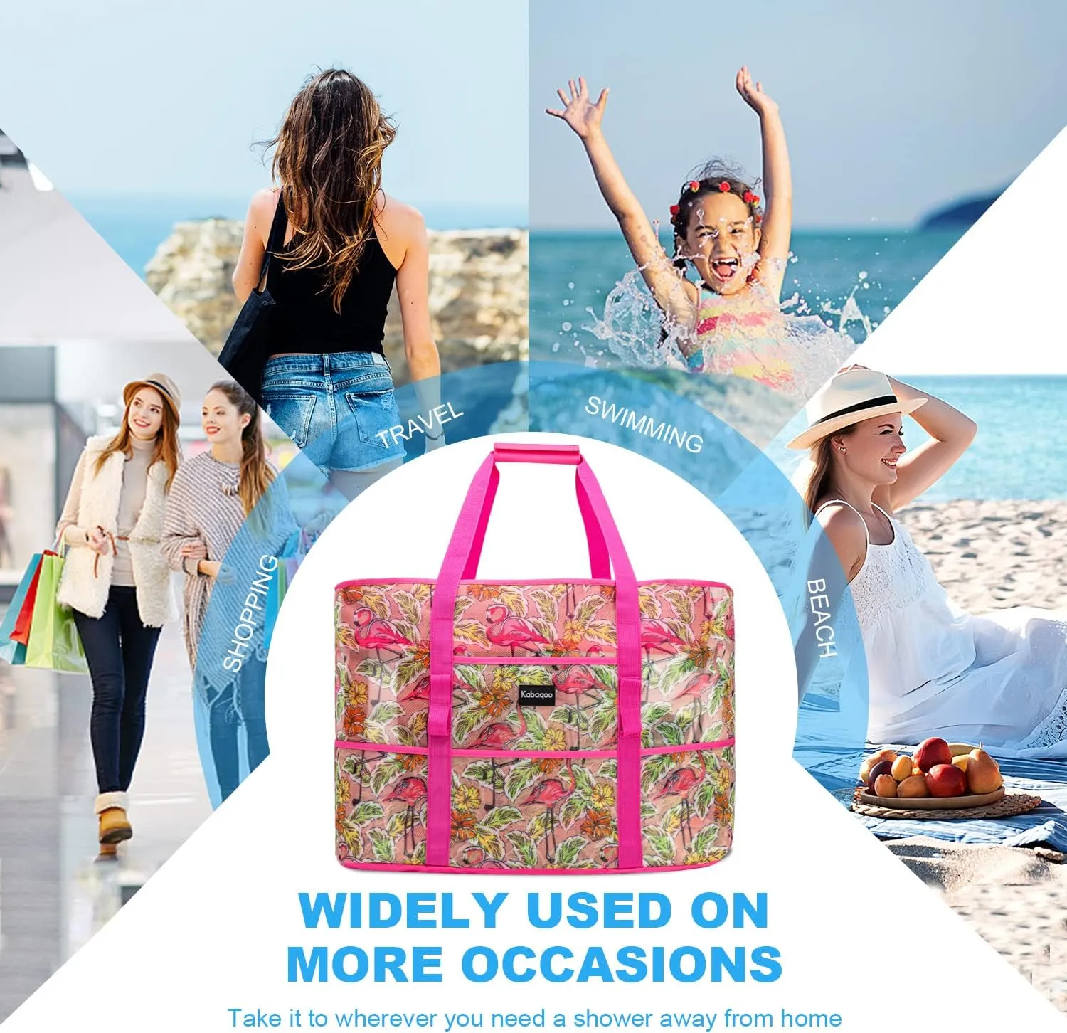 KABAQOO Mesh Beach Bag, Extra Large Beach Bags with 9 Pockets & Zipper Waterproof Lightweight Beach Tote for Beach/Pool Trip