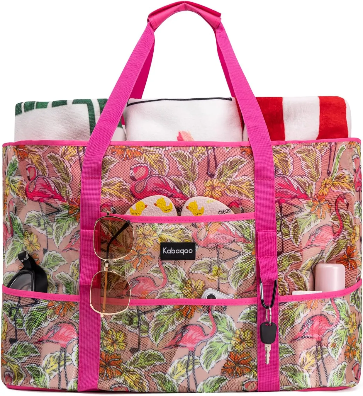KABAQOO Mesh Beach Bag, Extra Large Beach Bags with 9 Pockets & Zipper Waterproof Lightweight Beach Tote for Beach/Pool Trip