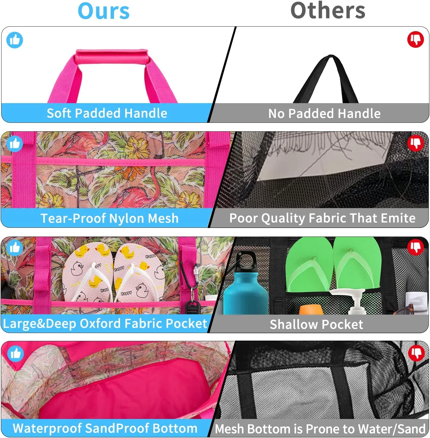 KABAQOO Mesh Beach Bag, Extra Large Beach Bags with 9 Pockets & Zipper Waterproof Lightweight Beach Tote for Beach/Pool Trip