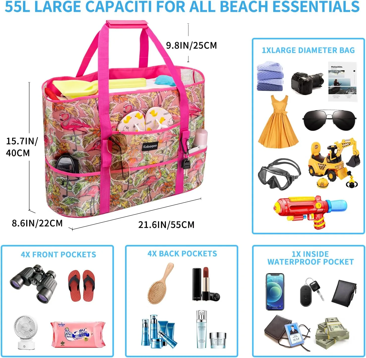 KABAQOO Mesh Beach Bag, Extra Large Beach Bags with 9 Pockets & Zipper Waterproof Lightweight Beach Tote for Beach/Pool Trip