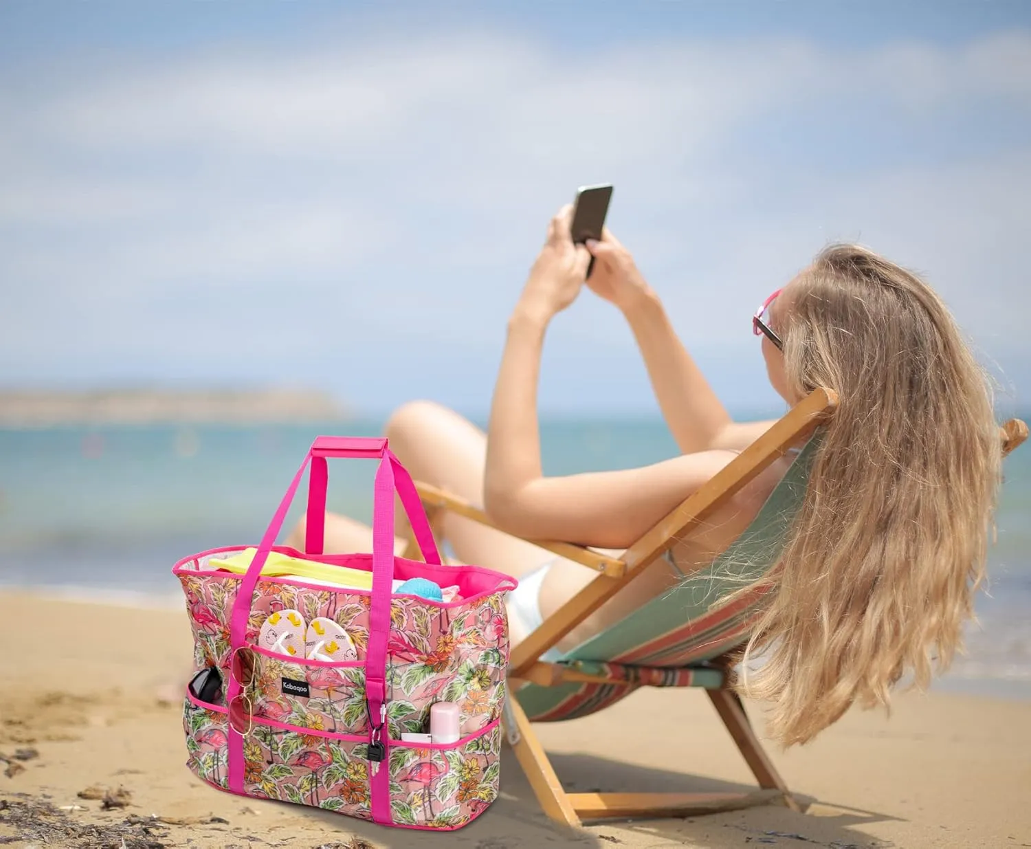 KABAQOO Mesh Beach Bag, Extra Large Beach Bags with 9 Pockets & Zipper Waterproof Lightweight Beach Tote for Beach/Pool Trip