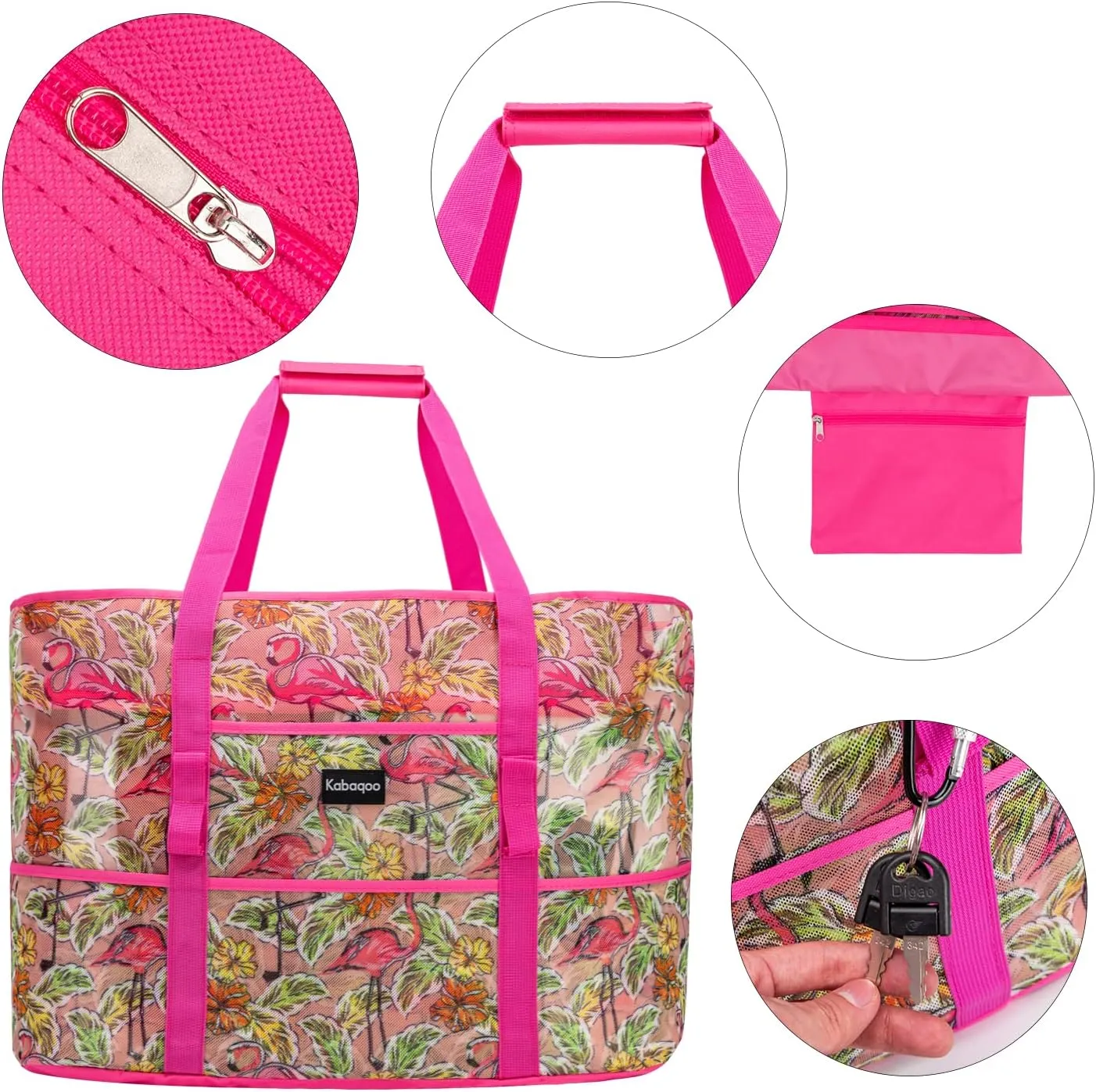 KABAQOO Mesh Beach Bag, Extra Large Beach Bags with 9 Pockets & Zipper Waterproof Lightweight Beach Tote for Beach/Pool Trip