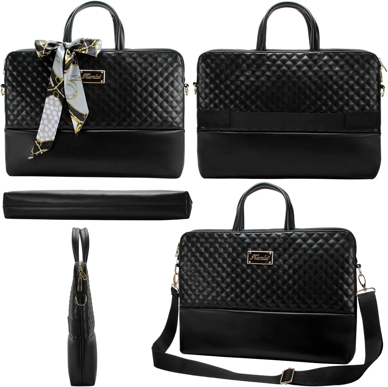 Kamlui Quilted Laptop Bag for Women, Fits up to 15.6-Inch Laptops, PU Leather, Professional Business Briefcase with Shoulder Strap, Black
