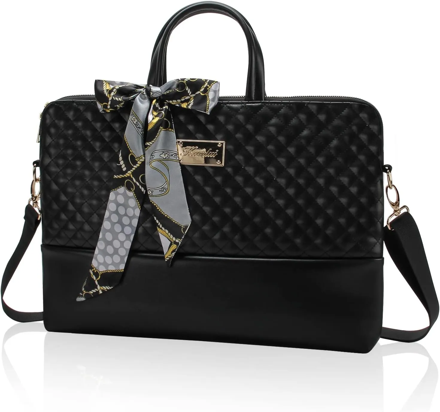 Kamlui Quilted Laptop Bag for Women, Fits up to 15.6-Inch Laptops, PU Leather, Professional Business Briefcase with Shoulder Strap, Black