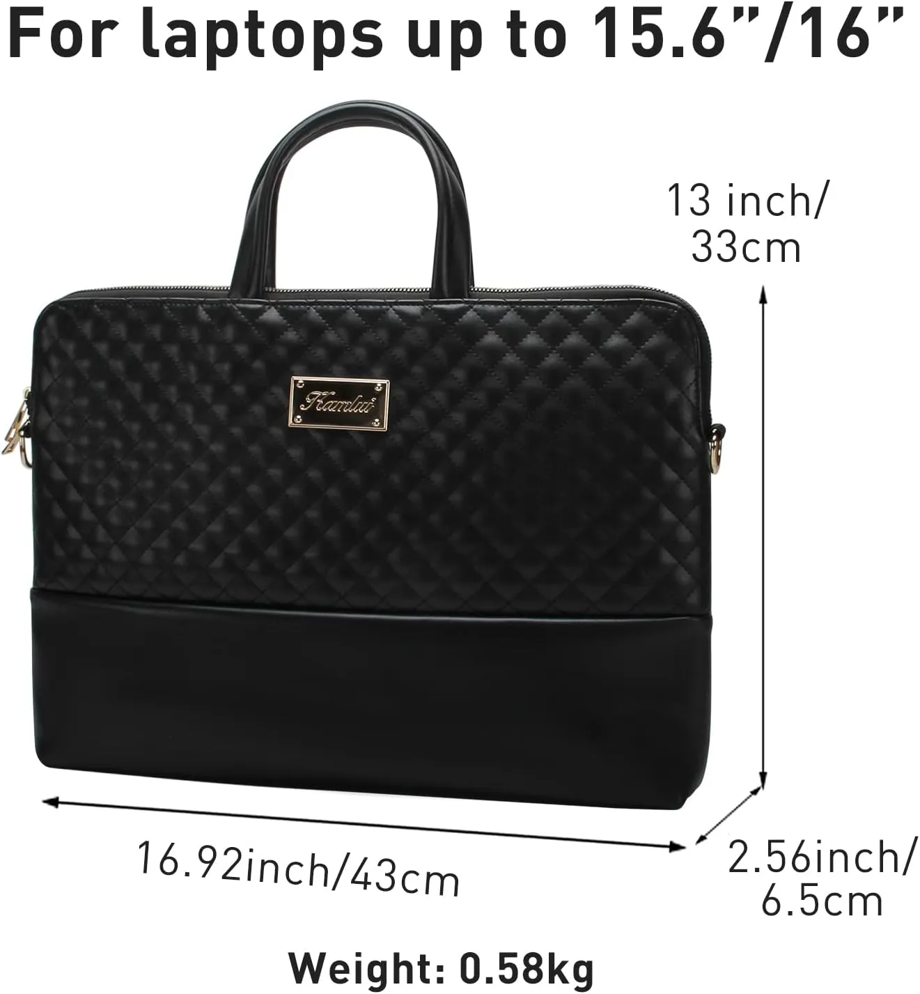 Kamlui Quilted Laptop Bag for Women, Fits up to 15.6-Inch Laptops, PU Leather, Professional Business Briefcase with Shoulder Strap, Black