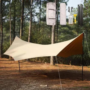 KAnduo Waterproof Portable Tarp Multifunctional Outdoor Camping Traveling 8 Corner Awning with Poles Family Beach Tent for Picnic, Hiking, Backpacking(Rice-White,220x173x102inch)