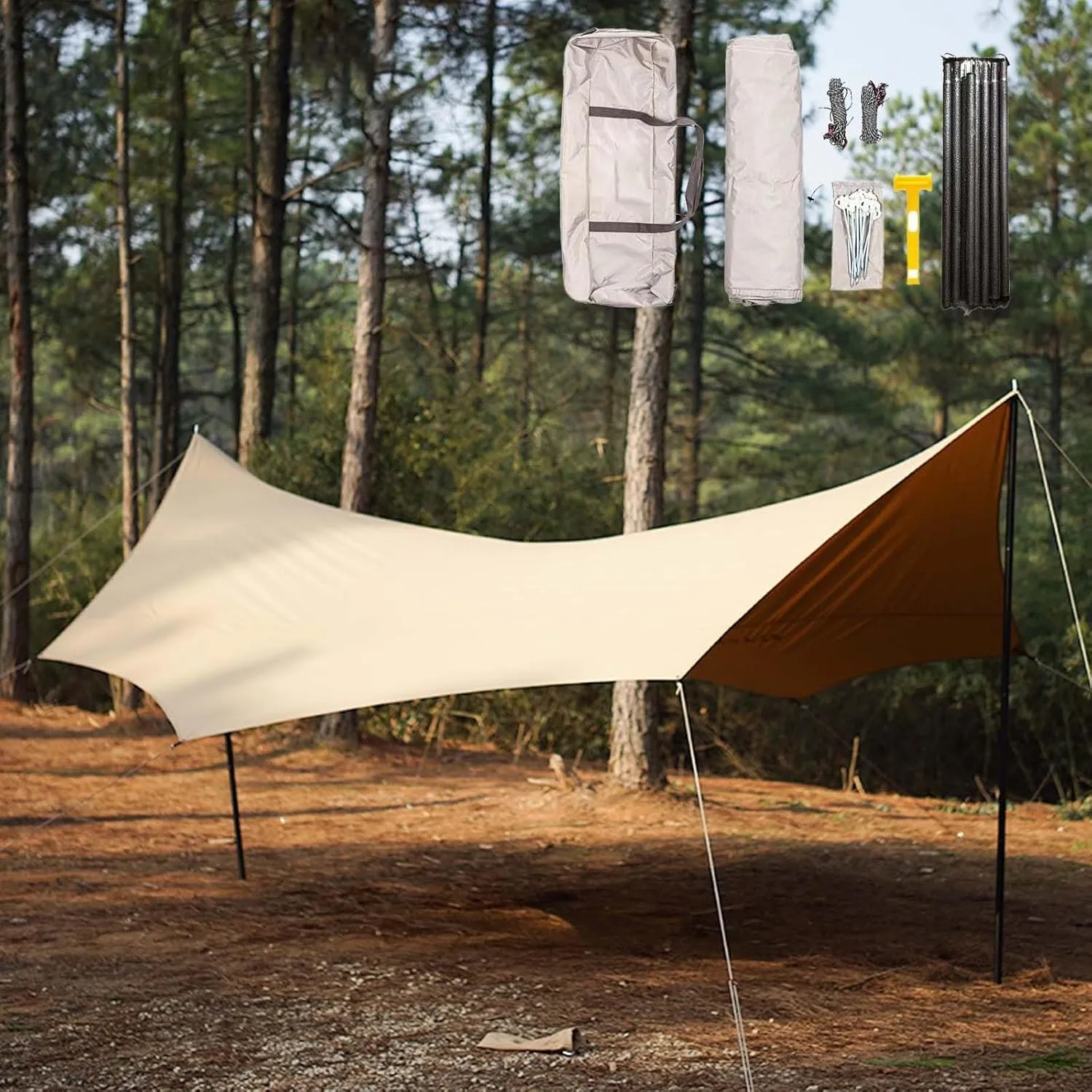 KAnduo Waterproof Portable Tarp Multifunctional Outdoor Camping Traveling 8 Corner Awning with Poles Family Beach Tent for Picnic, Hiking, Backpacking(Rice-White,220x173x102inch)