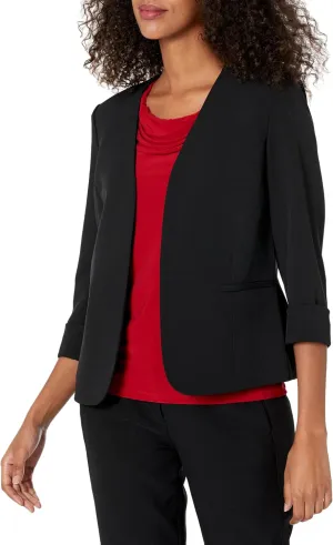 Kasper Women's Stretch Crepe Blazer – Cardigan-Style with Rolled Cuff Sleeves