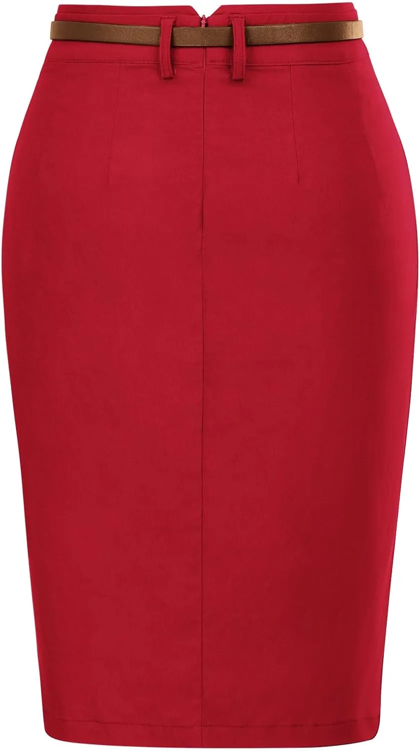 Kate Kasin Women's Bodycon Pencil Skirt with Belt Solid Color Hip-Wrapped