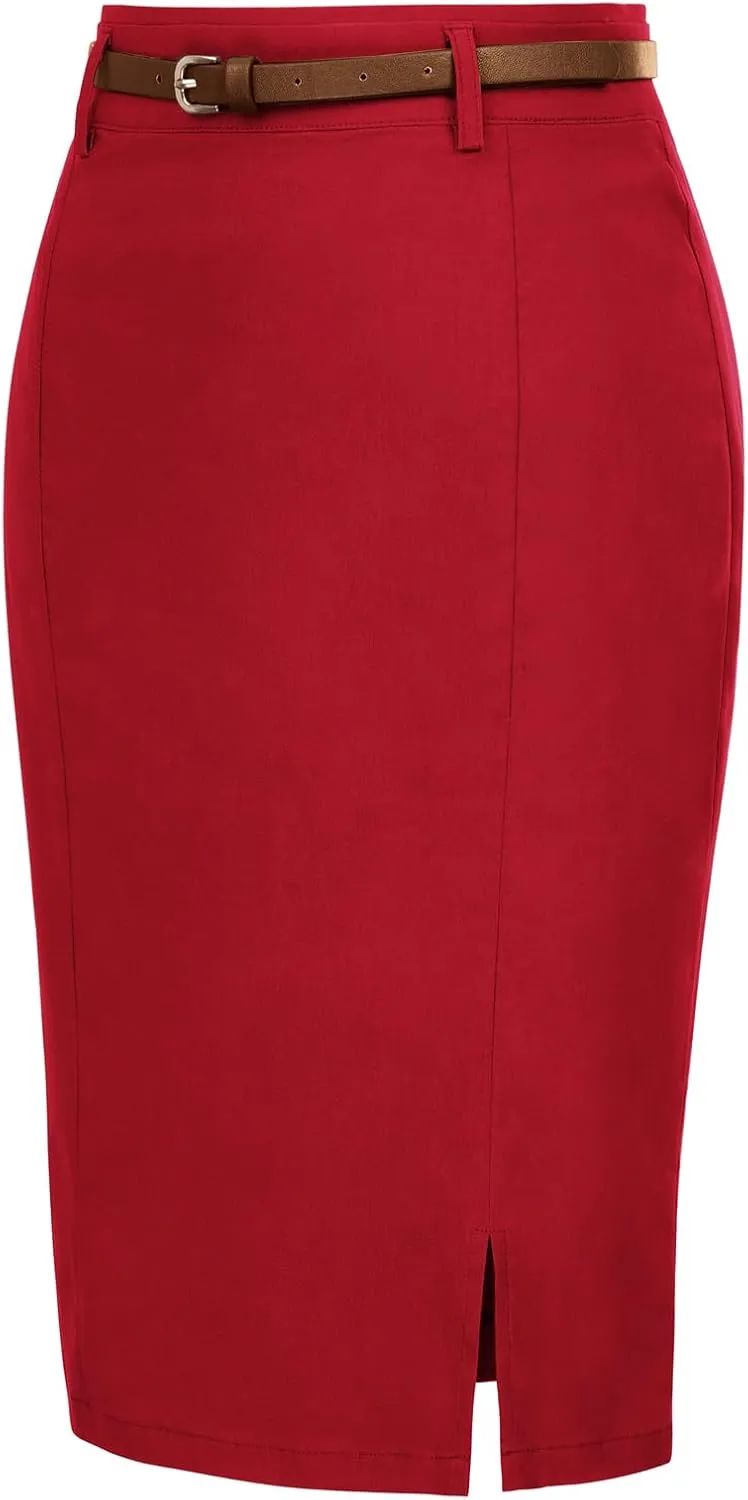 Kate Kasin Women's Bodycon Pencil Skirt with Belt Solid Color Hip-Wrapped