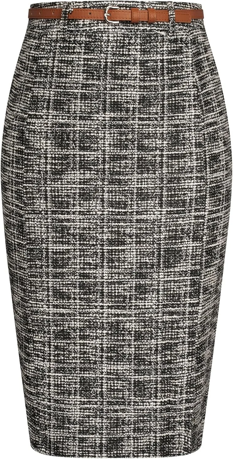 Kate Kasin Women's Tweed Pencil Skirt Knee Length High Waisted Skirts with Slit Elegant Skirts with Belt