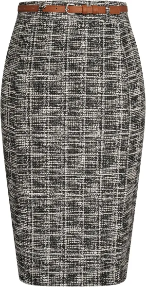 Kate Kasin Women's Tweed Pencil Skirt Knee Length High Waisted Skirts with Slit Elegant Skirts with Belt