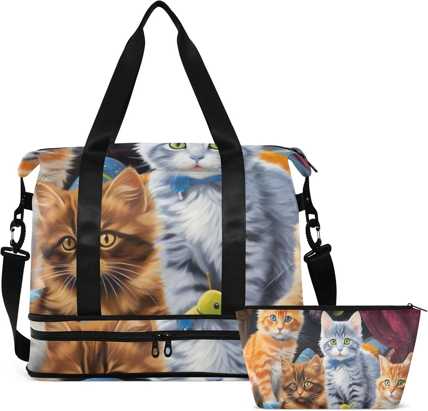 Kawaii Kittens on The Bed Gym Bag for Women & Men,Duffel Bag with Shoe Pocket,Weekender Overnight Bag with Trolley Sleeve for Travel 21216348
