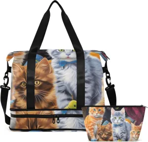 Kawaii Kittens on The Bed Gym Bag for Women & Men,Duffel Bag with Shoe Pocket,Weekender Overnight Bag with Trolley Sleeve for Travel 21216348