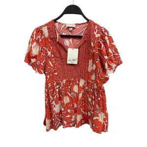 Knox Rose Womens S Red & White Floral Smocked Peplum Top Short Sleeve Lightweight