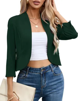 KOJOOIN Womens Cropped Blazer Casual Business 3/4 Sleeve Collarless Open Front Cardigan Work Jacket Shrug