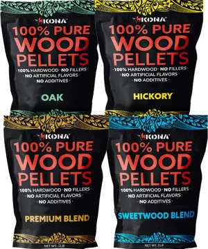 Kona Indoor Smoker Pellets Variety Pack - Intended for GE Smart Profile Indoor Smoker, Hickory, Oak, Premium Blend & Sweetwood Blend, 4, 2 lb Resealable Bags