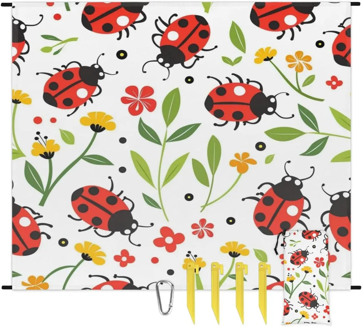 Ladybugs Beach Blanket, Sandproof Beach Mat, Adults Waterproof Quick Drying Sand Free Mat with 4 x Ground Spikes for Outdoor Travel Camping Hiking, Wildflowers Flowers